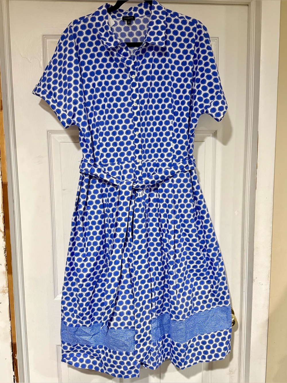 Talbots Blue and White Dot Shirt Midi Dress with Belt